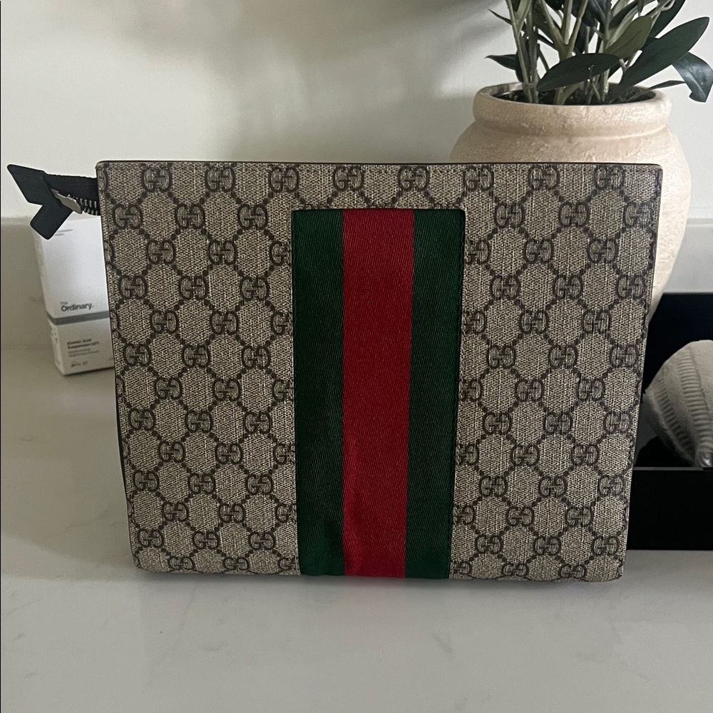 Gucci Beige Monogram Clutch with Red and Green Accent